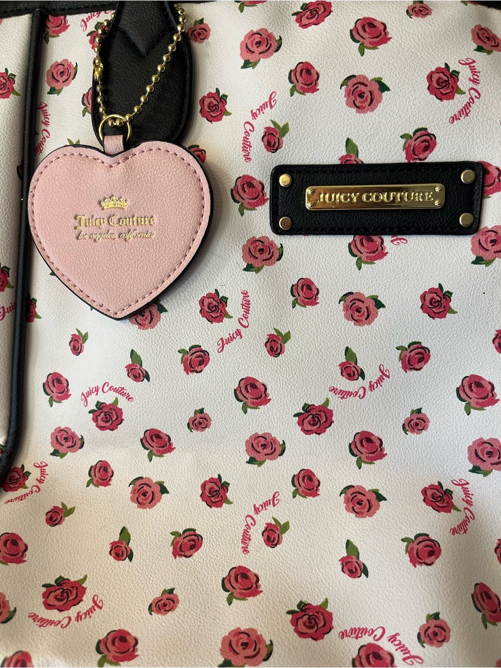 Juicy Couture White Tote with Pink Rose Print and Black Trim - Picture 2 of 3